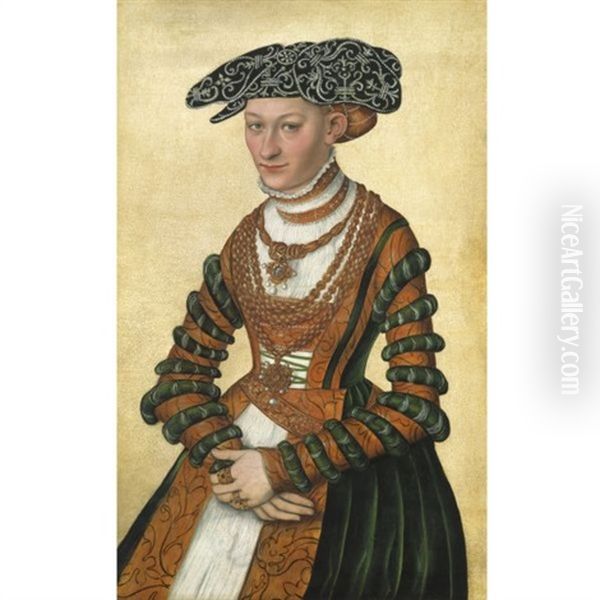 Portrait Of A Lady, In A Green Velvet And Orange Dress And A Pearl-embroidered Black Hat - view 1