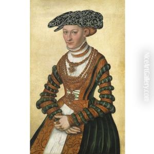 Portrait Of A Lady, In A Green Velvet And Orange Dress And A Pearl-embroidered Black Hat
