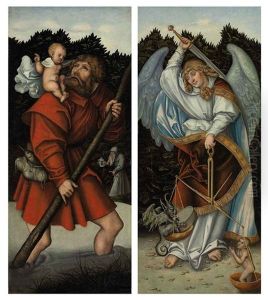 Saint Christopher Carrying The Christ Child (+ The Archangel Michael Holding The Scales Of Justice; 2 Works) by Lucas The Younger Cranach