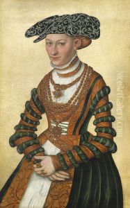 Portrait Of A Lady In A Green Velvet And Orange Dress And A Pearl-embroidered Black Hat by Lucas The Younger Cranach