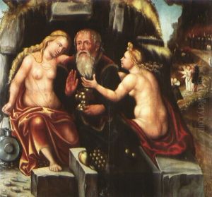 Lot Und Seine Tochter, Im Hintergrund Das Brennende Sodom by Lucas The Younger Cranach