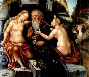 Lot Und Seine Tochter - Im Hintergrund Das Brennende Sodom by Lucas The Younger Cranach