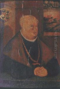 Portrait Of Carl Henneberg In A Black Costume With A White Collar And A Fur-lined Black Coat, A Landscape View Through The Window In The Background by Lucas The Younger Cranach