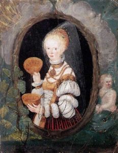 Portrait Of A Lady Carrying Two Golden Vessels In A Feigned Oval And Flanked By Symbols Of The Four Elements by Lucas The Younger Cranach