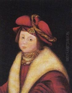 Portrait Of A Young Boy Wearing A Red Jacket And Hat, With A White Mantle