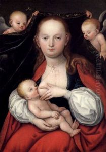Maria Mit Dem Kinde Vor Einem Von Zwei Engeln Getragenen Vorhang by Lucas The Younger Cranach