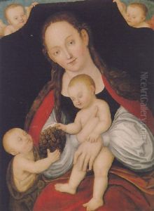 The Virgin And Child With The Infant St. John Proffering A Bunch Of Grapes And Two Angels by Lucas The Younger Cranach