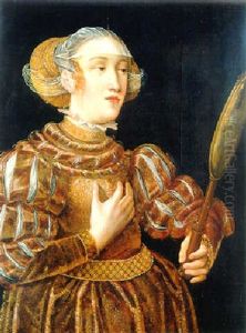 Portrait Of A Noble Woman Wearing A Gold Embroidered Burgundy Coloured Silk Dress, Holding A Mirror