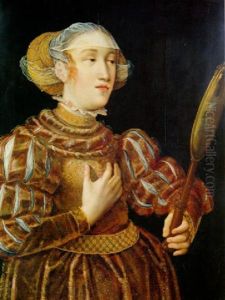 Portrait Of A Noble Woman, Standing Three-quarter Length, Holding A Mirror