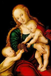 The Virgin And Child With The Infant Saint John Proferring A Bunch Of Grapes by Lucas The Younger Cranach