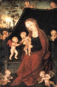 The Virgin And Child Enthroned In A Garden With Adoring Putti by Lucas The Younger Cranach