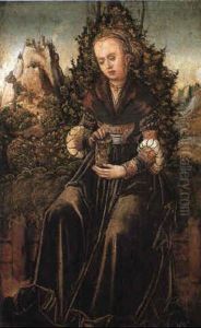 St. Mary Magdalen Seated On A Grassy Verge In A Mountainous Landscape by Lucas The Younger Cranach