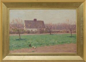 Farm Landscape With House, Chickens And Blossoming Apple Trees