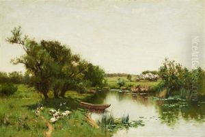Geese By A Woodland Pond With Moored Boat by Bruce Crane