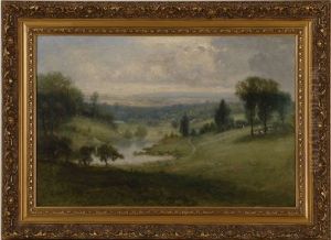 Pastoral Landscape With Cows And Various Buildings Under A Cloud Filled Sky Pastoral Landscape With Cows And Various Buildings Under A Cloud Filled Sky