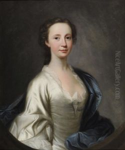 Portrait Of A Lady, Half Length, Wearing A Cream Satin Dress And Blue Robes