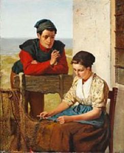 A Young Fisherman Flirting With A Girl Repairing A Fishing Net by Johannnes Marinus Schmidt Crans
