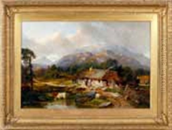 Mountainside Hamlet With Figures, Farm Animals And Cottages In A Landscape - view 1