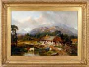 Mountainside Hamlet With Figures, Farm Animals And Cottages In A Landscape by James Hall Cranstoun