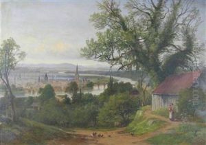 Perth Seen From A Distance With A Cottage And Figures In The Foreground by James Hall Cranstoun