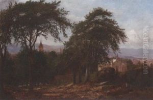 Figures Seated By A Wooded Path, A Valley Town Beyond by James Hall Cranstoun