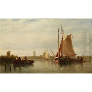Barges On A Dutch Canal by Edmund Thornton Crawford
