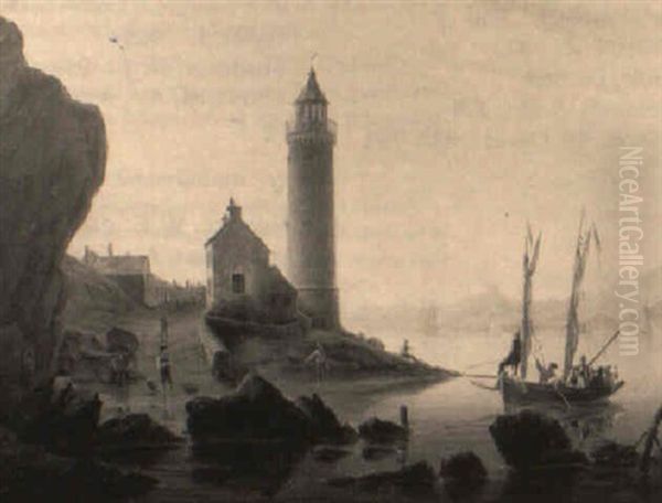 A View Of An Estuary With Figures In A Ferry Approaching A Lighthouse - view 1