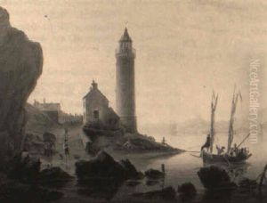 A View Of An Estuary With Figures In A Ferry Approaching A Lighthouse