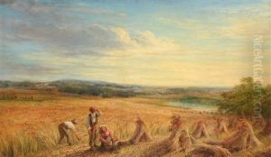 Figures At Rest And Sheathing Corn In An Extensive Landscape by Lionel Townsend Crawshaw