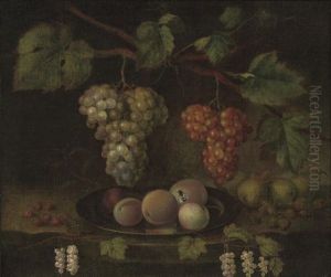Peaches On A Pewter Platter, Grapes On The Vine, White Currents, Pears And Rasberries On A Table Peaches On A Pewter Platter, Grapes On The Vine, White Currents, Pears And Rasberries On A Table