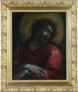 Mezzo Busto Di Gesu Con La Corona Di Spine E Palma In Mano, In Manto Rosso