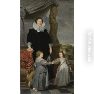 Portrait Of Mechteld Lintermans And Her Two Children, Jan Baptist Bierens (?) And Maria Magdalena by Caspar de Crayer