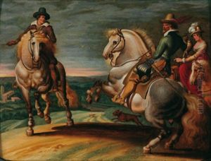 Drei Reiter In Einer Landschaft by Caspar de Crayer