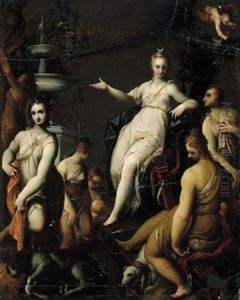 Diana Con Le Ninfe In Un Parco Davanti Ad Una Fontana A Getto by Sante Creara