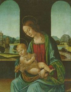 Madonna Mit Kind Vor Rundbogenfenstern Mit Ausblick In Landschaft by Lorenzo Di Credi