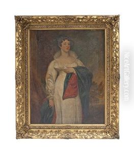 A Portrait Of A Woman, Called Lady Gort, Standing Three-quarter Length In A Landscape, Wearing A White Dress And Cloak by Martin Cregan