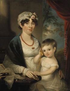 Portrait Of A Mother And Child From The Evans Family, Seated Beside An Open Sewing-box Upon A Table, A Wooded Landscape Beyond by Martin Cregan