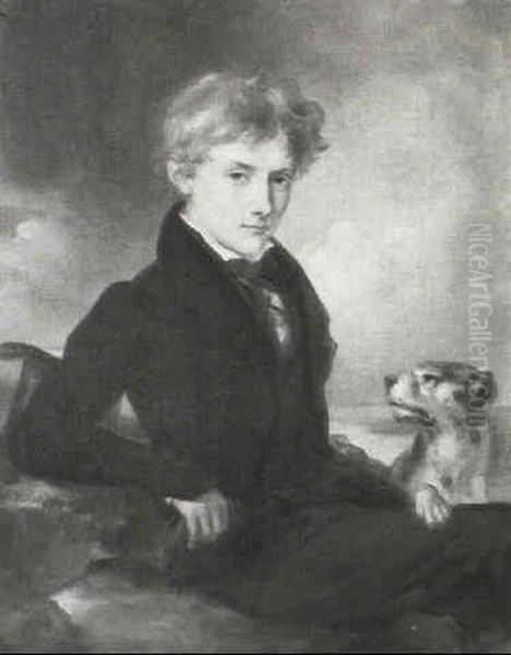 Portrait Of A Young Gentleman, Seated Three Quarter Length  With His Dog, In A Coastal Landscape - view 1