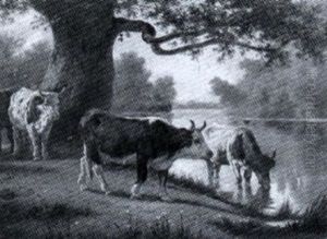 Ein Paar Landschaften Mit Kuhen Und Huhnern by Gerard Crehay