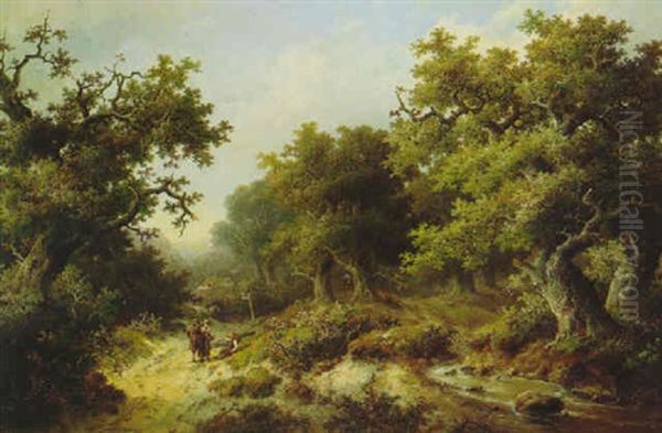 A Wooded Summerlandscape With Travellers Conversing On A Sandy Track Along A Stream - view 1