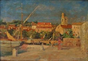 Mediterranean Harbour Scene by Edouard Cremieux