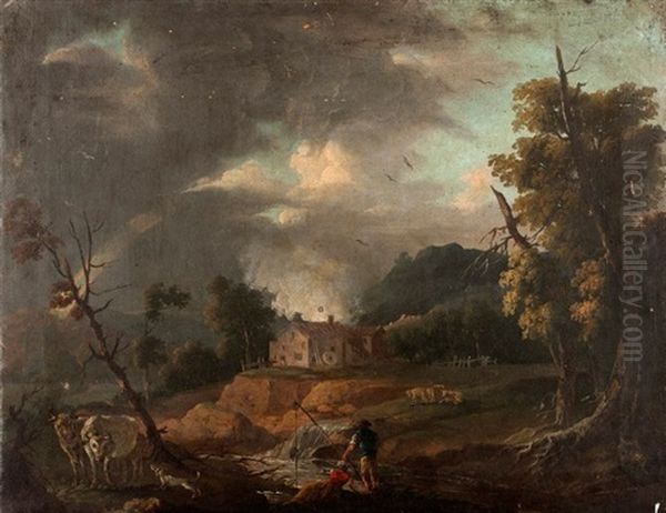 Pecheurs Au Bord De La Riviere Dans Un Paysage Italianisant - view 1