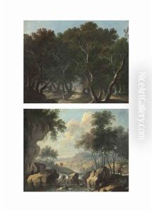 Travelers In A Wooded Landscape (+ Travelers And A Shepherd In A River Landscape; Pair) by Louis-Philippe Crepin