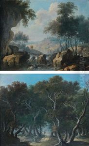 Paysage De Sous Bois Anime De Promeneurs (+ Paysage De Torrent Anime De Promeneurs Et D'un Berger Et Son Troupeau; Pair) by Louis-Philippe Crepin