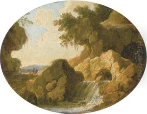 Un Paysage Rocheux Avec Une Cascade, Deux Figures Au Fond by Louis-Philippe Crepin