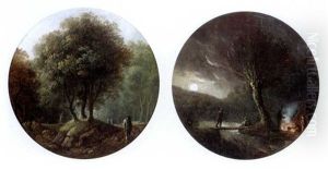 Wooded Landscape With Figures On A Track (+ Nocturnal River Lanscape With Figures Cooking Over A Fire, 1789; Pair)