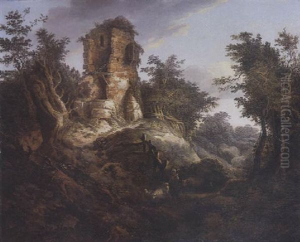 Paysage Boise Et Accidente Agremente De Ruines Avec Berger Et Troupeau - view 1