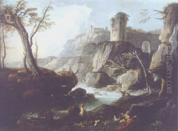 A Rocky River Landscape With Figures Around A Fire - view 1