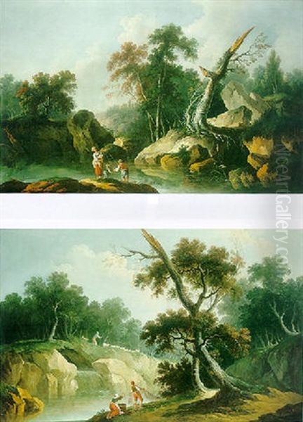 Bergers Et Pecheurs Dans Un Paysage Fluvial Avec Une Cascade - view 1