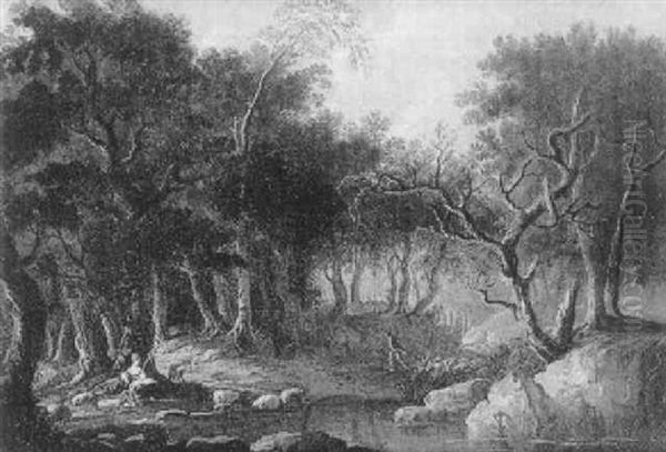 Paysage Fluvial Boise Avec Bergere Et Troupeau - view 1